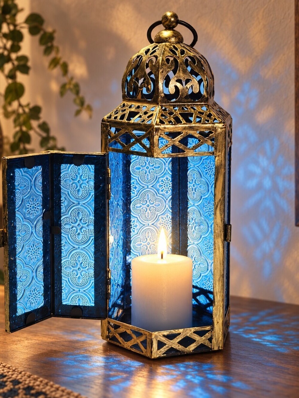 Moroccan Style Blue Glass Gold Metal Candle Lantern Hanging Table Decor Excellen